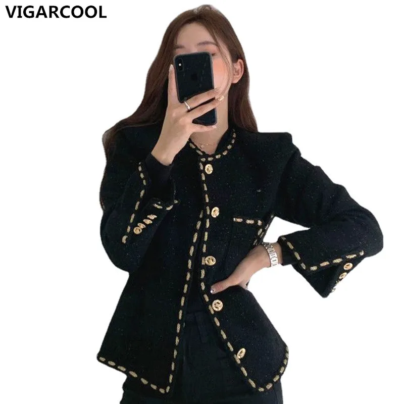 Korean Style Elegant Retro Round Neck Jacket Female Autumn New Loose Pocket Longsleeved Tweed