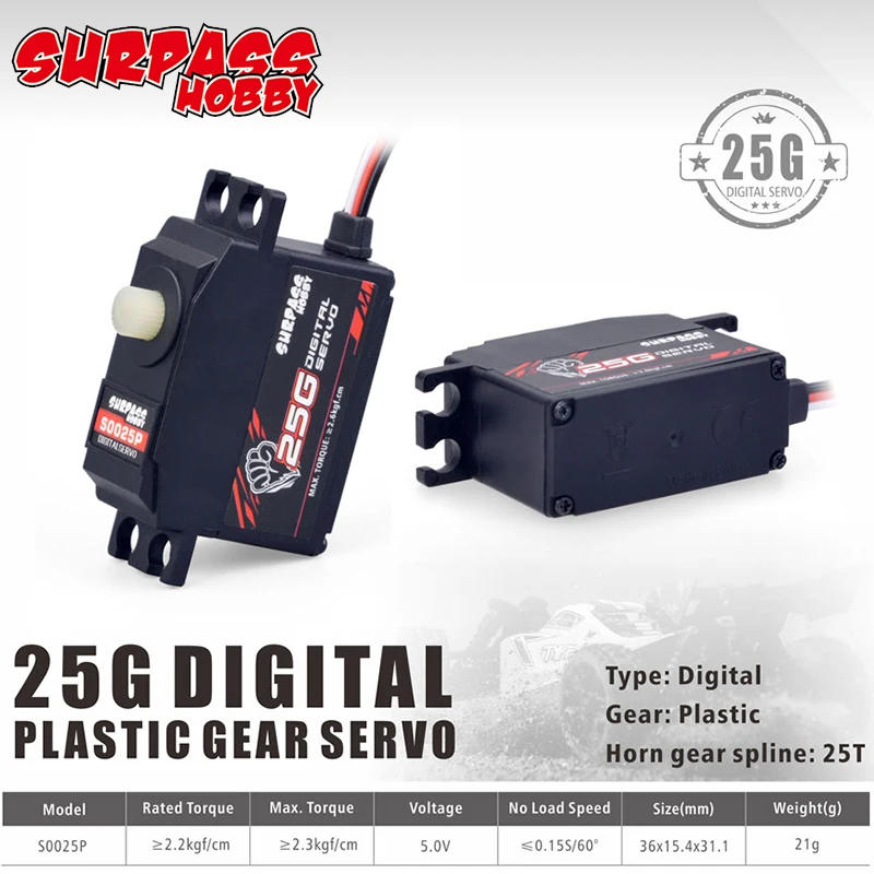 

SURPASS Hobby Digital Servo S0025P Plastic Gear 2.3KG Servo Waterproof for RC Airplane Robot 1/12 RC Monster Car Boat Duct Plane