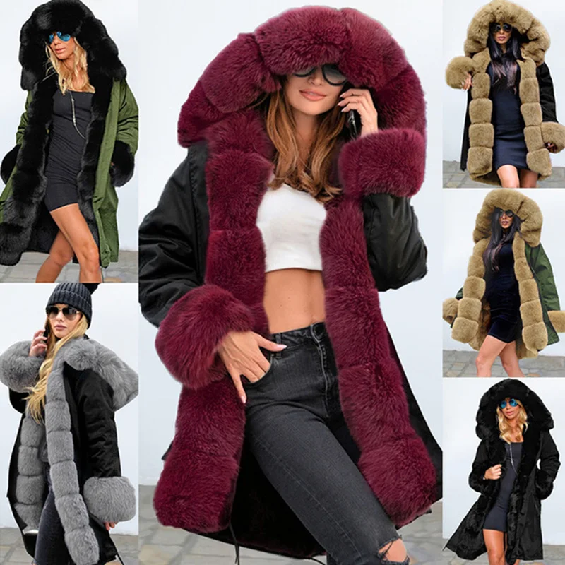 Меховая зимняя женская дизайнерская ретро куртка с капюшоном, женская верхняя одежда, модная винтажная теплая Длинная женская парка, jaqueta feminina DR1184