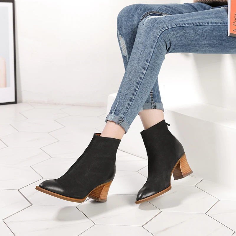 2020 VALLU Autumn winter leather women's short boots thick heel high-heeled pointed leather warm women's shoes