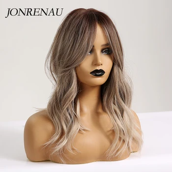 JONRENAU 16 Inches Synthetic Platinum Blonde Hair Long Natural Wave Ombre Brown Mixed Color Party Wigs for White/Black Women 3