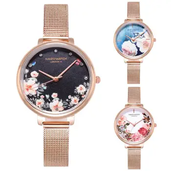 

Women Floral Pattern Rhinestone Round Dial Mesh Band Analog Quartz Wrist Watch