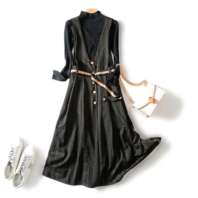New Samgpilee Full Office Lady Pullover Turtleneck Elastic Waist Knee-length Striped Fashion Sweater And Dress Women Set - Цвет: Black Grey