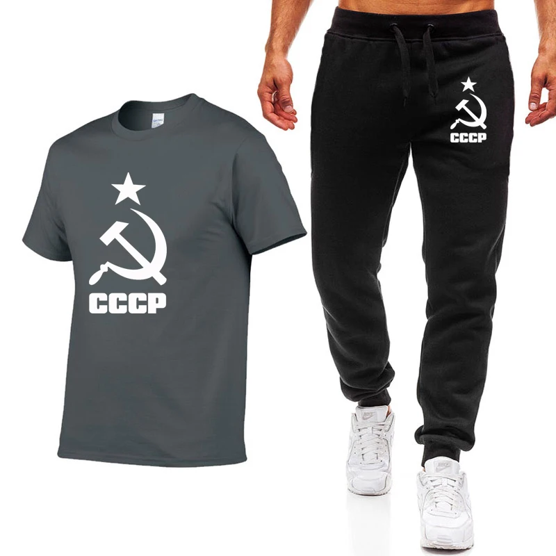 Летние футболки для мужчин, CCCP, русские, советское соединение, мужские, с коротким рукавом, в Москву, Россию, мужские повседневные футболки, хлопковые футболки+ штаны, костюм