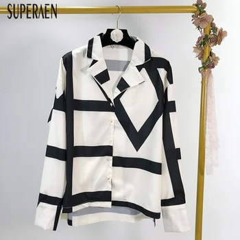 

SuperAen New 2020 Spring and Autumn Europe Women Shirts Geometric Wild Casual Ladies Blouses and Tops Fashion Women Clothing