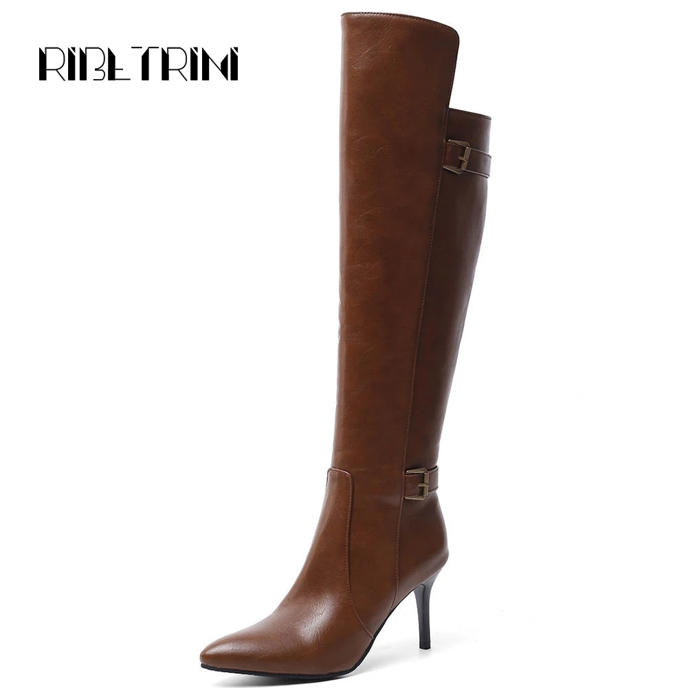 

RIBETRINI Big Size 34-47 Women Knee Boots Sexy Thin High Heel Pointed Toe Buckle Shoes Women Side Zip Knight Motorcycle Boots
