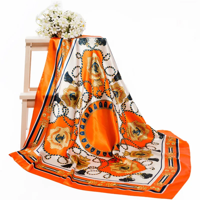 

Handkerchiefs Hair Silk Scarf 90*90cm Print Satin Big Square Silk Scarves Shawls for Women Luxury Brand Designer Hijab