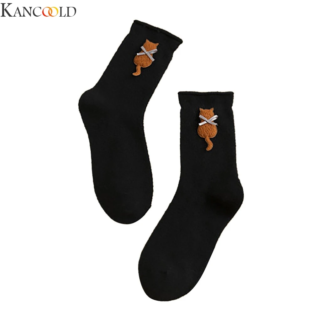 KANCOOLD, пять пар носков, Дамская мода, принт котенка, медведя, прошитая шерсть, одноцветная хлопковая трубка для керлинга, зимние теплые носки