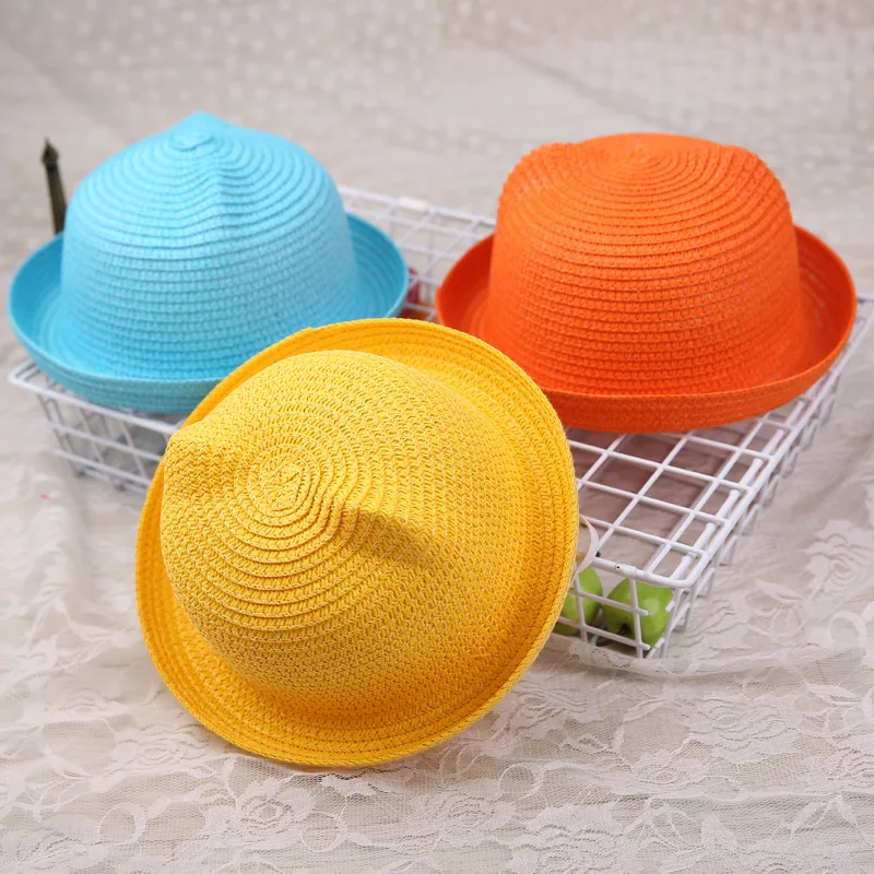 

Sun Hat Straw Beach Ribbon Caps Cute Summer Child Kids Fedora Female Solid Boater Large Trim
