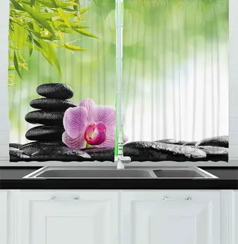 

Asian Kitchen Curtains Basalt Stone and Orchid Flower with Dew Harmony Therapeutic Spa Theme Photo Window Curtain for Kitchen
