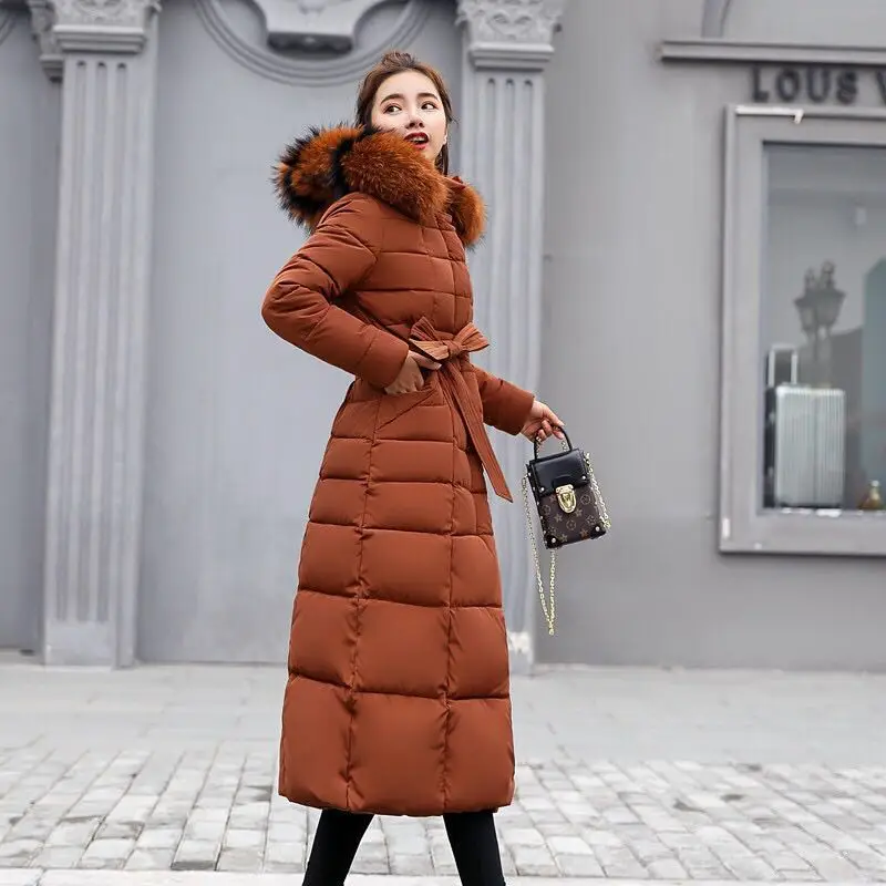 women winter bubble coats long padded clothes fur hood solid color black jacket puffer warm thick winter parkas over knee