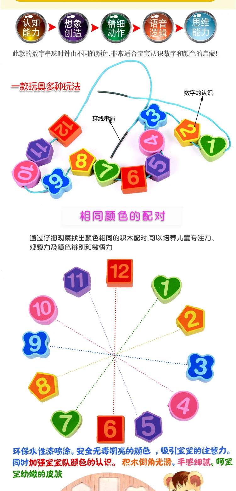 Wooden Threading with Numbers Clock Geometric Shapes Matching Building Blocks Children'S Educational Hand Clock ENLIGHTEN Toy