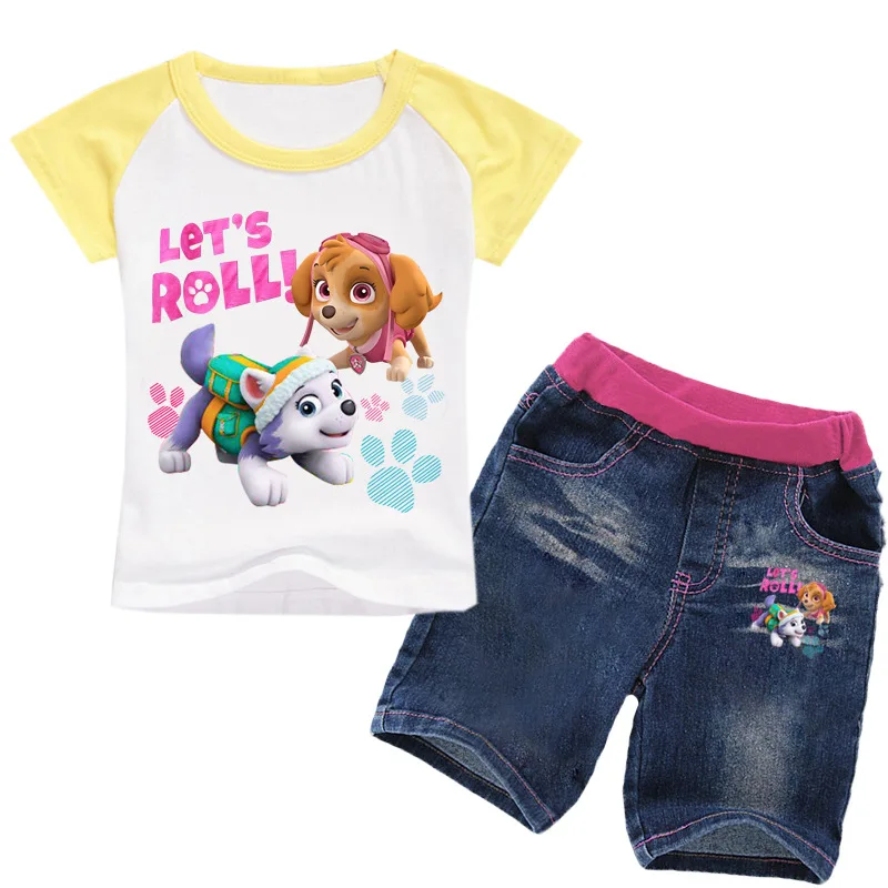 

Genuine Paw Patrol Kids New children's Summer short sleeve suit T-shirt suit Cartoon printed raglan girls clothes