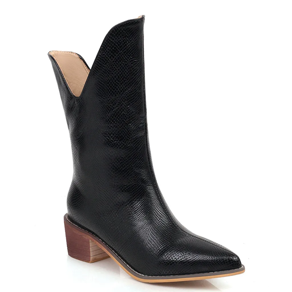 Solid Color Boots Women's Ladies Leisure Rome Large Size Slip-On Square Mid-heel Boot Shoes PU leather Booties zapatos de mujer