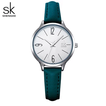 

Shengke Fashion Leather Quartz WristWatch For Women Casual Round Wrist Watch Women Blue Band Watch Simple Feminino Reloj Muje