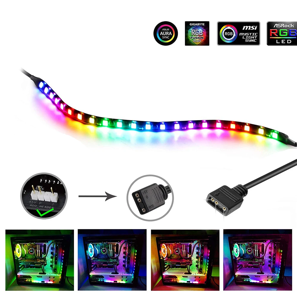 NEON Addressable RGB PC LED Strip, 2x15.7inch WS2812 RGB Rainbow Magnetic  ARGB Strip for 5V 3-pin Aura SYNC, Gigabyte RGB Fusion, MSI Mystic Light