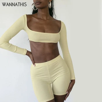 

WannaThis Crop Top Shorts Two Pieces Set Long Sleeve T-Shirts and Mini Skirts Slim Elastic Summer Sexy Set Solid ColorStreetwear