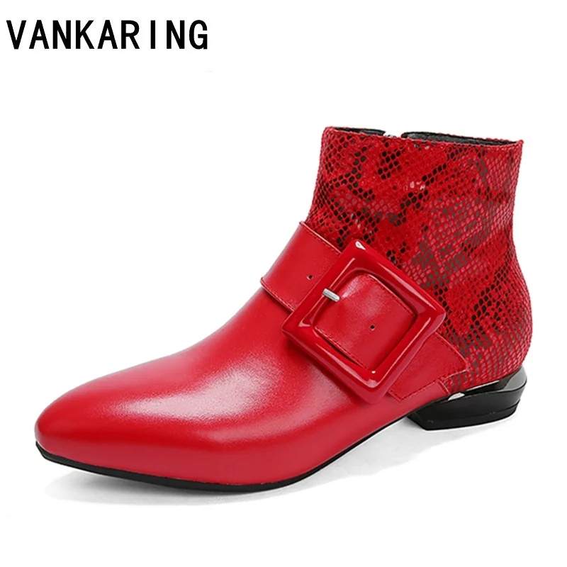 

fashion snake leather studded ankle boots for women pointed toe buckle low heels winter shoes ladies black red zip cowboy boots