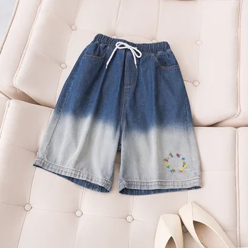 

Women Summer Fashion Japan Style Elastic Waist Half Length Oversized Embroidery Gradient Short Office Lady Casual Denim Shorts
