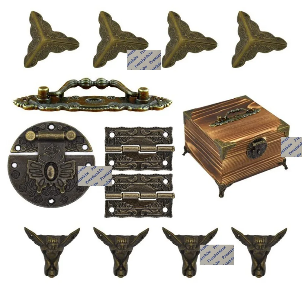 10Sets Antique Bronze Iron Handle Hinge Hasp Corner Brace Kit For Gift Cigar Jewelry Box Case