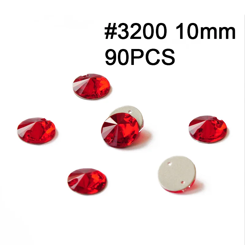 Rivoli 10mm 90pcs Хрустальные Стразы светло Сиам красное стекло пришивные стразы с отверстиями плоские с оборота DIY Швейные Стразы для одежды свадебное платье - Цвет: Rivoli 10mm 90pcs
