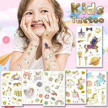 New Gold Wrist Kids Waterproof Temporary Tattoo Sticker Rainbow Unicorn Feather Cloud Cute Arm Fake Tatoo Body Art Female