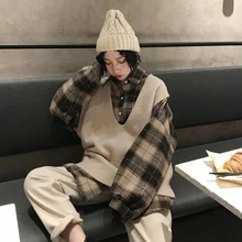 Harajuku Stylw шикарный Однотонный свитер жилет для колледжа для женщин на улице осень/зима ветер v-образным вырезом жилет клетчатая рубашка куртка