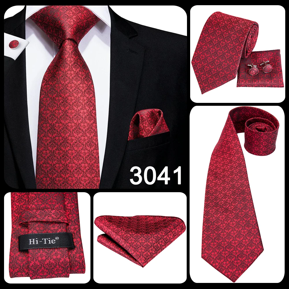 Hi-Tie White Red Striped Paisley Solid Wedding Tie For Men Design Mens Necktie Hanky Cufflink Business Party Dropshipping