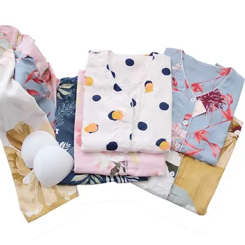 

Summer New Ladies V-Neck Cardigan+Pants Pajamas Set Floral Printed Women Comfrot Sleepwear Soft Thin Homewear With Chest pad