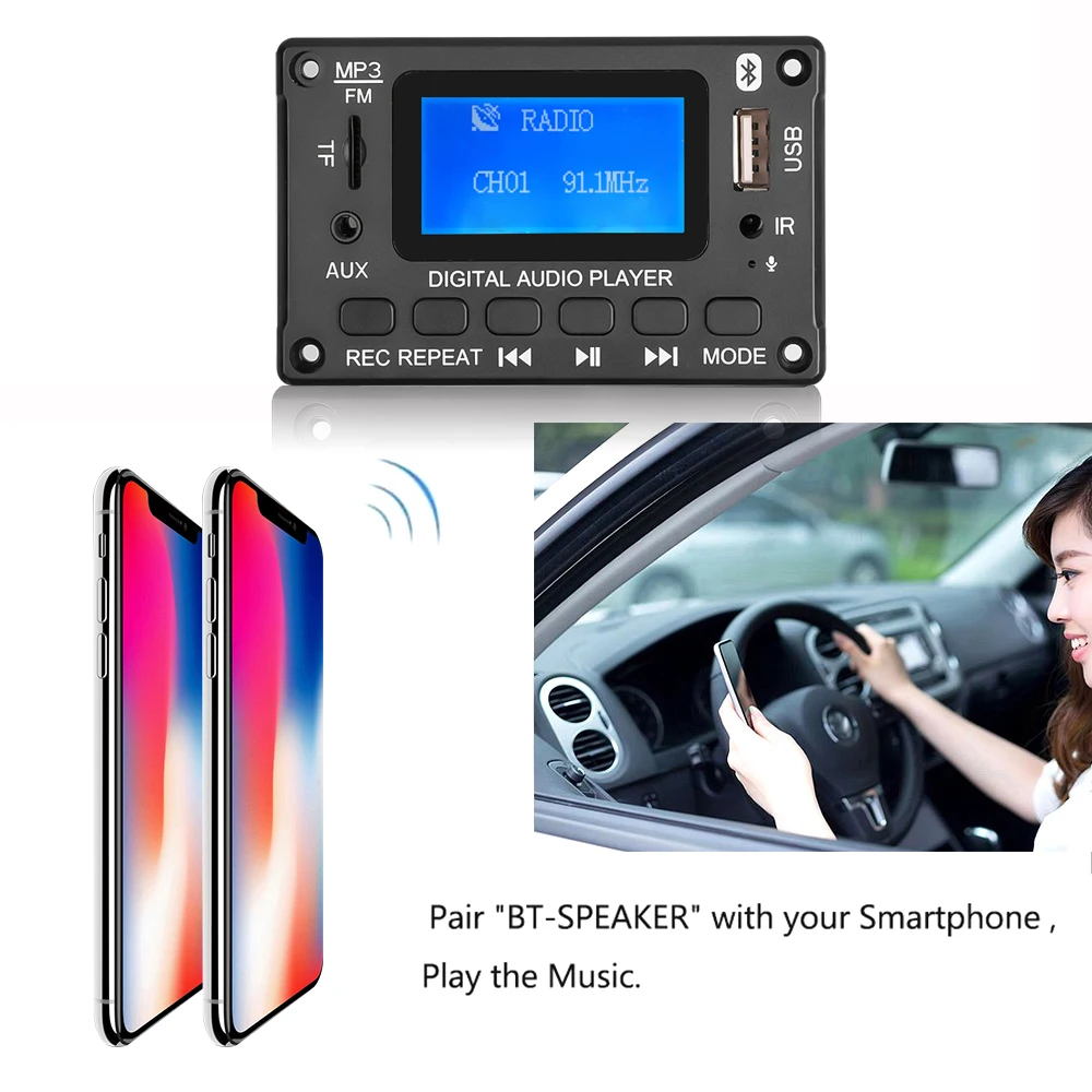 Kebidu DC 5V 12V Bluetooth Audio Decoder Board MP3 Player With LCD Screen Support Call/Recording/MP3/USB/TF/LINE IN/FM/BLUETOOTH