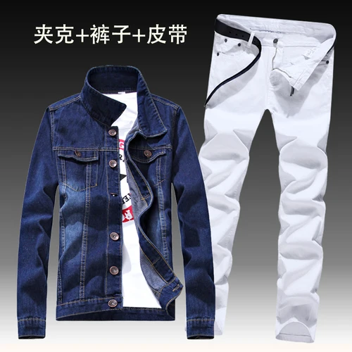 Осень, новинка, Мужская джинсовая куртка, джинсы, брюки, облегающие брюки-карандаш, пальто с длинным рукавом, длинные брюки, комплект из 2 предметов, размер S-3XL для мужчин - Цвет: 2