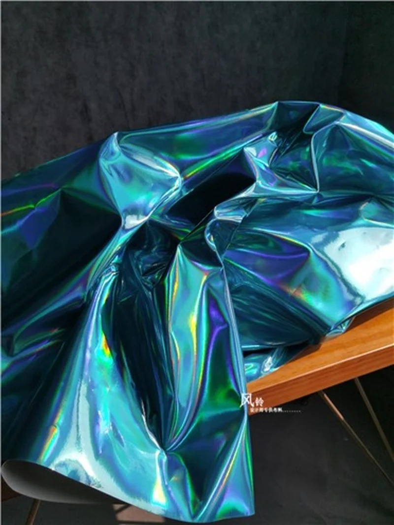 Blue Mirror Synthetic Leather Fabric Green Reflective Waterproof DIY Patches Bag Stage Decor Clothes Designer Fabric