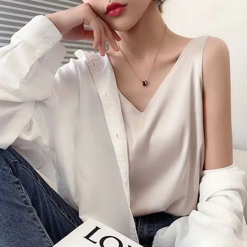 Satin Top Woman Clothes Summer White Tanks And Camis Female Vest Vintage Korean Fashion Free Shipping Sexy Born Sweet Plus Size womens cami