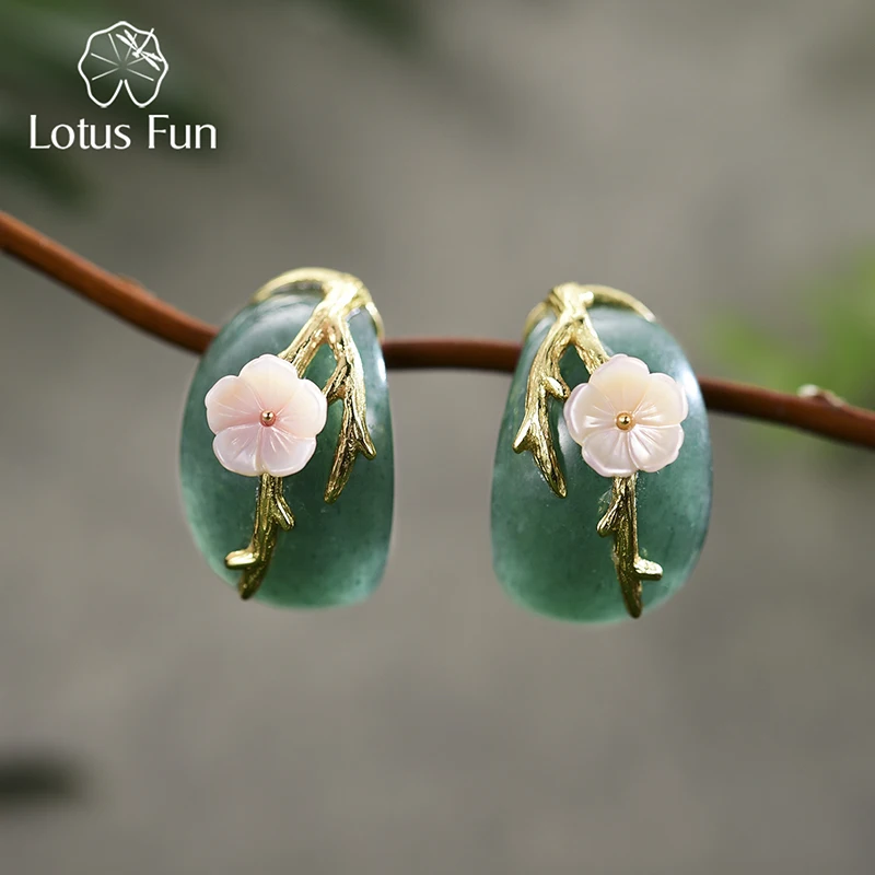 Natural Gem Stone Aventurine Lotus Flower Drop Earrings 925 Silver Women Jewelry 