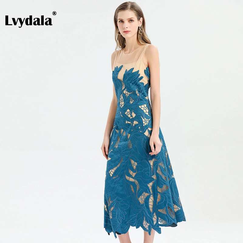 Lvydala, модное дизайнерское платье, весна-лето, женское платье, без рукавов, Сетчатое, с вышивкой, элегантные, миди платья