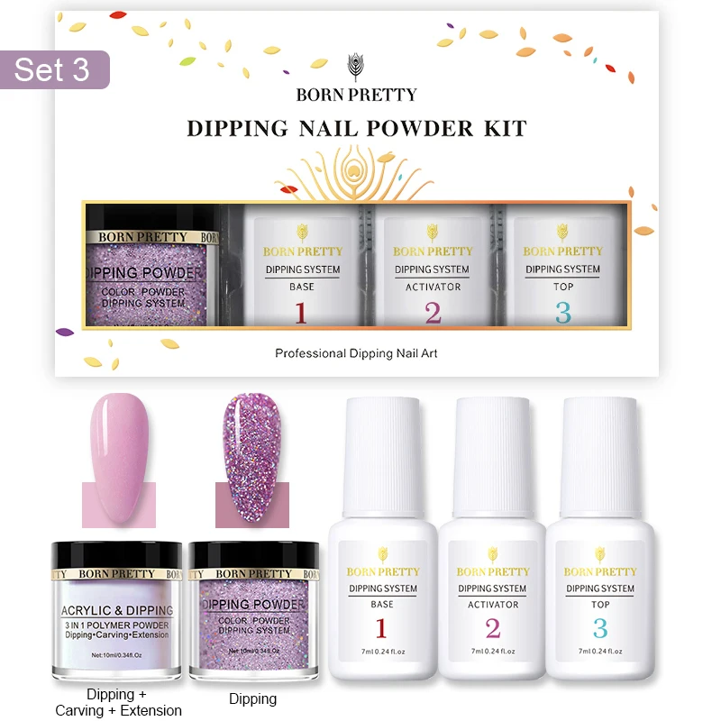 Set3 BORN PRETTY Dipping набор пудры для ногтей голографическая 3 в 1 акриловая пудра для наращивания тяга Dip сверкающий пигмент для декоров 5 шт - Цвет: Set3