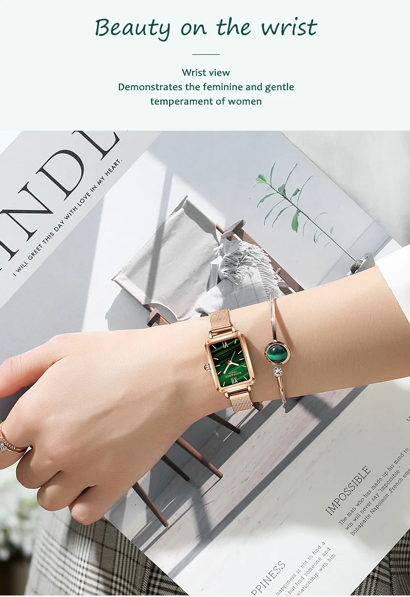 1 Set Watch With Bracelet Green Malachite Rectangle Dial Japan 