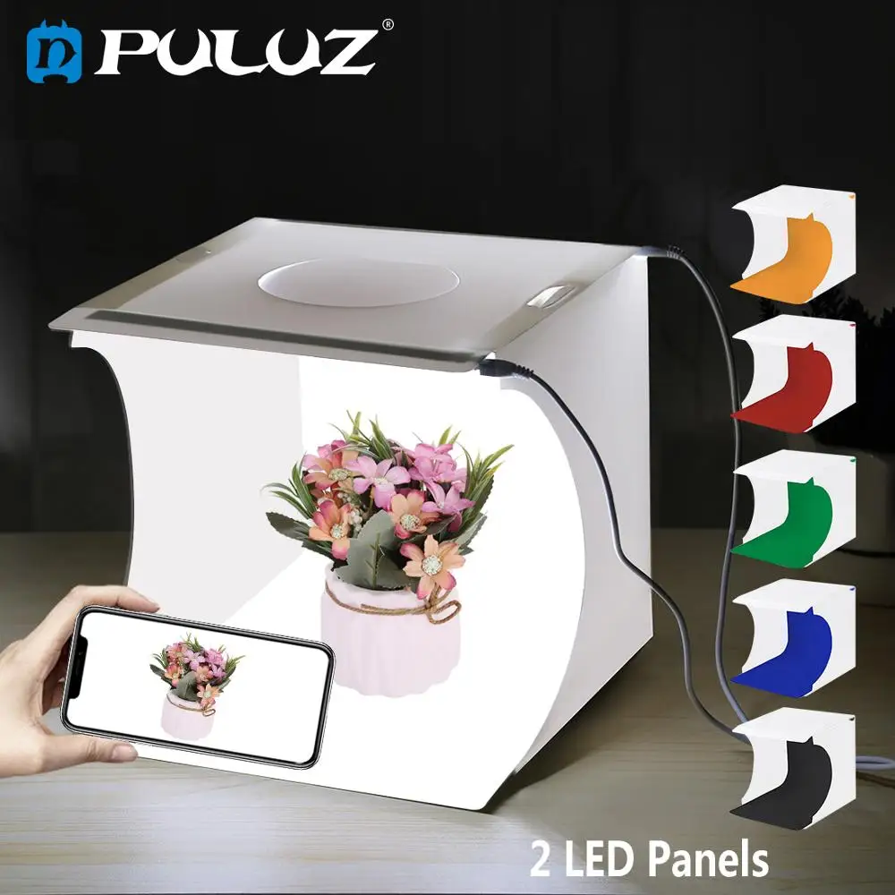 PULUZ-Mini caja de estudio fotográfico, 20cm, 2 paneles LED, caja de luz para estudio de fotografía, Kit de tienda de tiro y fondos de 6 colores