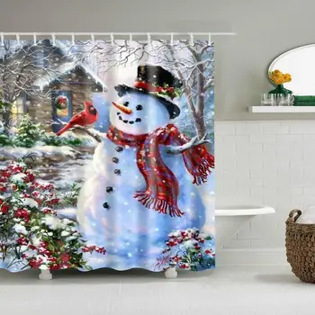 

Winter Shower Curtain Set with 12 Hooks Merry Christmas Snowman Bath Accessories Waterproof Fabric Bathroom Xmas Holiday Decor