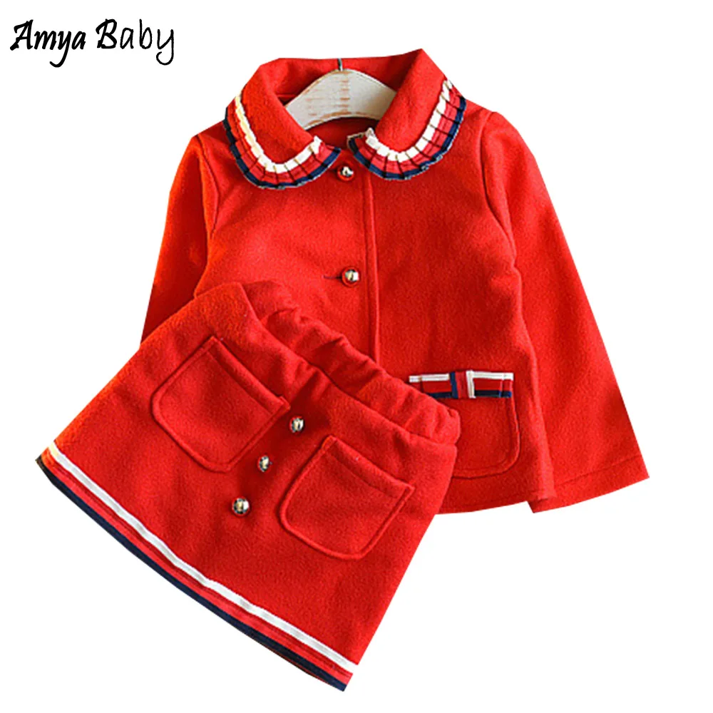 Amya Baby/ г.; осенне-зимние рождественские наряды для девочек; красное пальто+ юбка; детская одежда из 2 предметов; Детские комплекты на День Благодарения