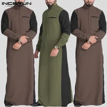 

INCERUN Men Muslim Kaftan Stand Collar Patchwork Long Sleeve Retro Casual Robes Arabic Islamic Jubba Thobe Men Clothes Plus Size