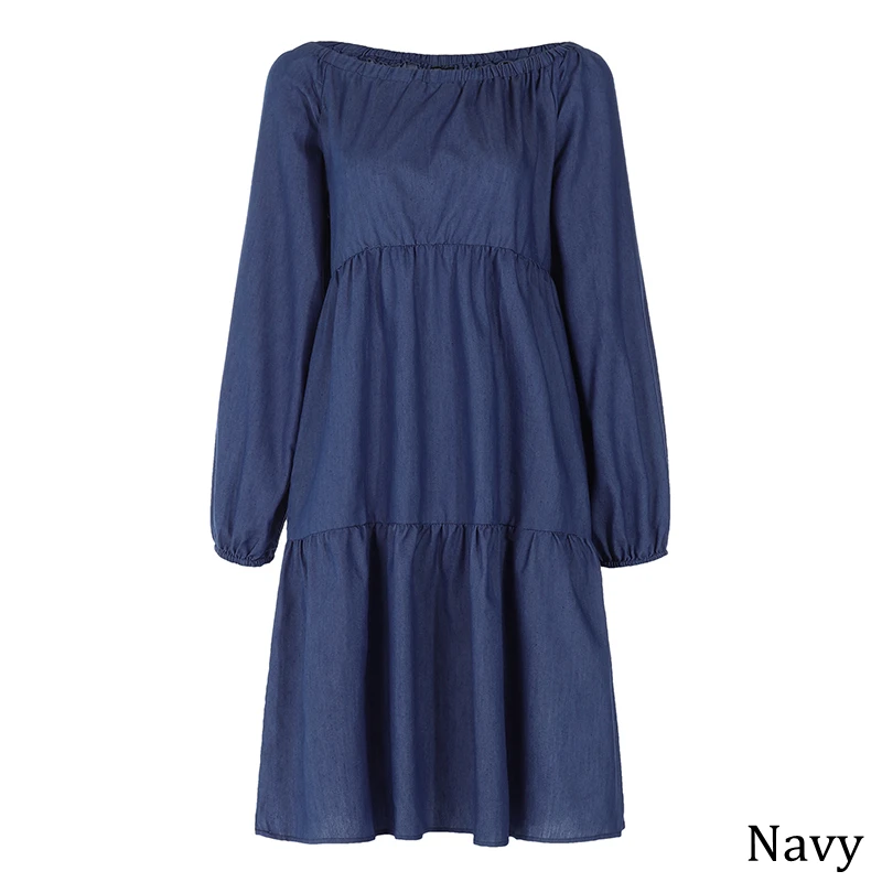 Plus Size Denim Dress Bohemian Women Autumn Long Lantern Sleeve Knee-Length Dress Casual Vestido Off Shoulder Sundress