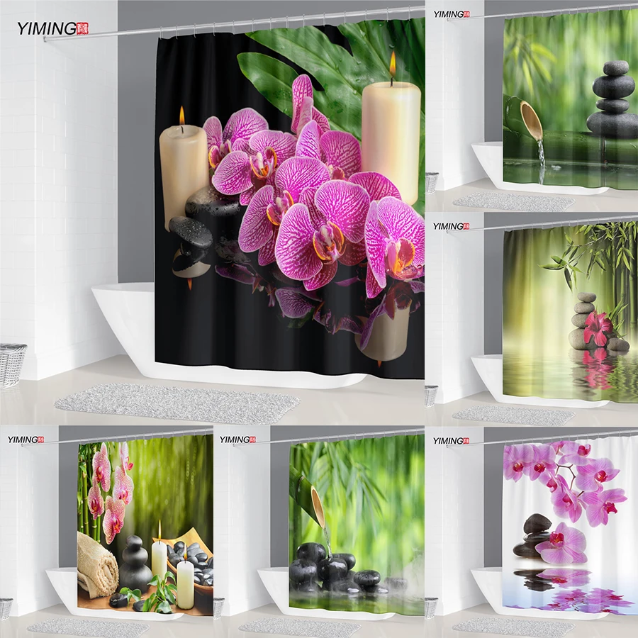 

200x180 Bathroom Waterproof Shower Curtain Zen Quiet Quiet Healing Bamboo Flowing Water Printing Polyester Home Decor Curtain