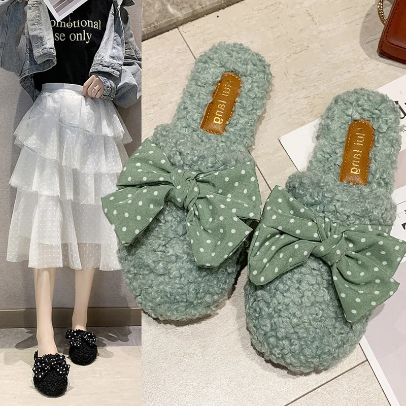 

Butterfly-knot Women's Slippers 2019 Shoes Without Heel Luxury Slides Lady Pokemon Plush New Flat Designer Soft Girl Fur