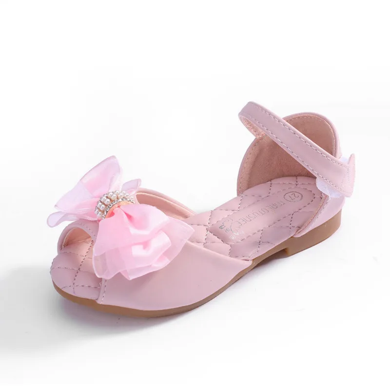 Girls Summer Sandals Open Toe Fish Mouth Princess Shoes Sweet Bowknot Pearl Dancing Shoes Comfortable Beach Shoes Pink Flat Heel