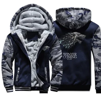 

Men winter coming hoodie camouflage plus velvet Game of Thrones hooded padded sweatshirt 2020 winter long-sleeved warm jacket