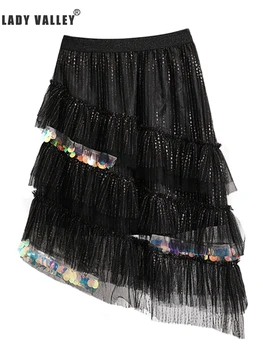 

Free shipping Heavy technology Laminated stitching mesh Elastic waist Irregular sequin Skirt Ladies New Personality Wild A word