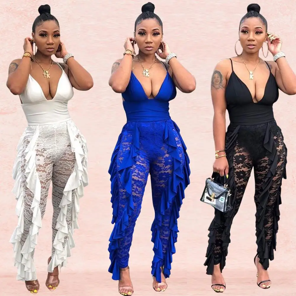 

BKLD Women Sexy Elegant Lace Rompers Ruffle Patchwork Jumpsuit Female Spaghettti Strap V-neck Overalls Pants Party Long Playsuit