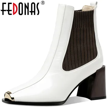 

FEDONAS Sexy Metal Decoration Women's Winter Boots Genuine Leather Square Toe Thick Heels Pumps Working Night Club Shoes Woman
