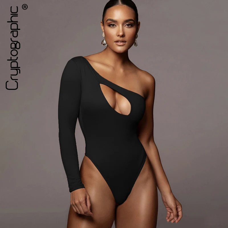 Cryptographic 2021 Spring Sexy Cut Out Women's Bodysuits Elegant Club Party Solid Tops One Shoulder High Waist Bodysuit Rompers